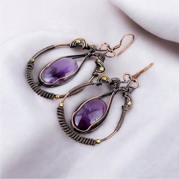 Star Amethyst Handmade Copper Wire Wrapped Earrings Jewelry - Picture 5 of 6